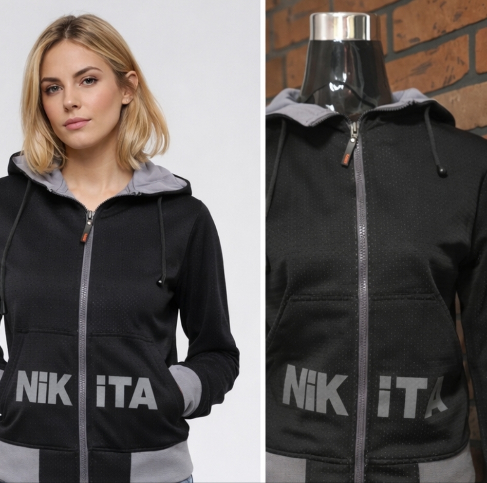 Nikita Women’s Zip-Up Hooded Jacket Black Gray Logo Hoodie Size S
